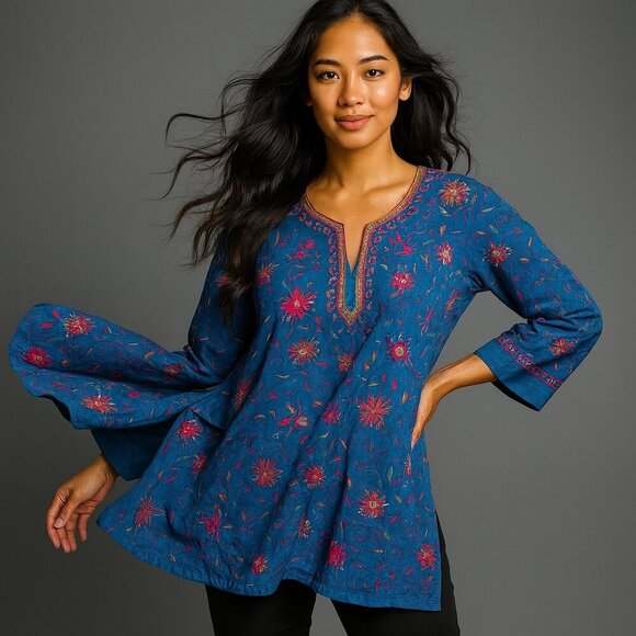 Biba Medium 42 90s Turquoise Floral Beaded Boho Ethnic Kurti Tunic Top Cottage - Picture 1 of 7